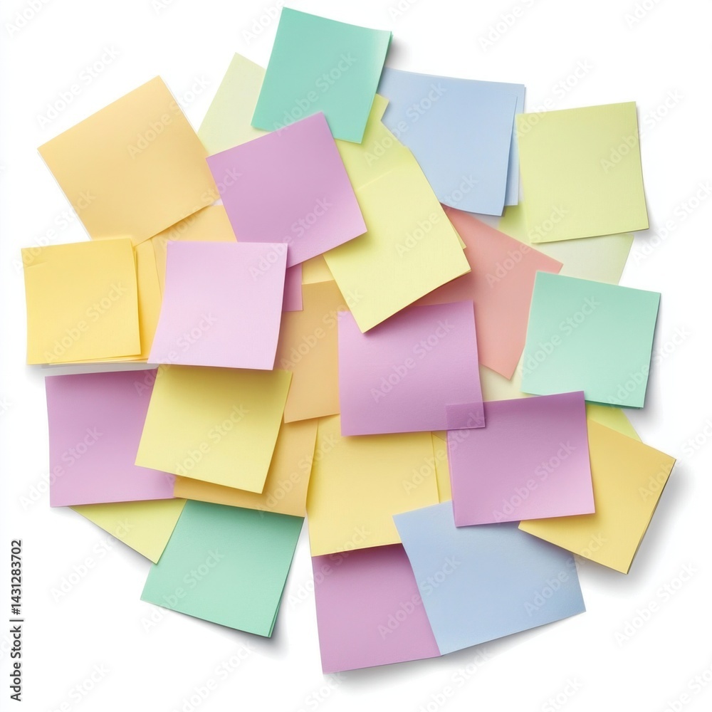 Pastel colored sticky notes scattered on a white background creating a vibrant and organized chaos from above in a flat lay style