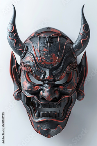 Intricate red and black Oni mask with curved horns, sharp teeth, and menacing eyes, mounted on a white surface.