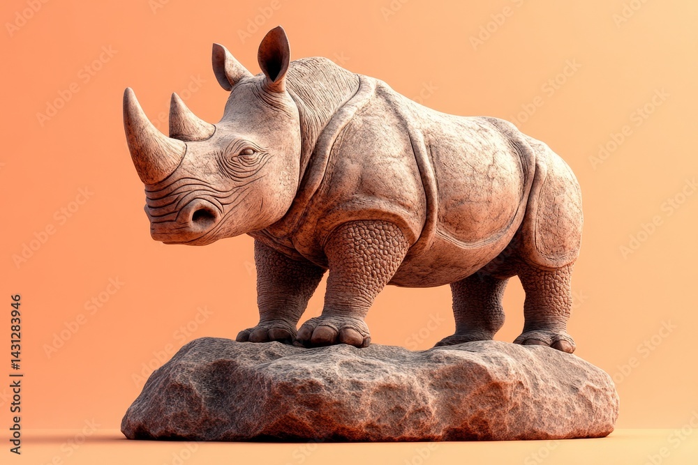 Fototapeta premium Detailed sculpture of a rhinoceros on a rocky outcrop.