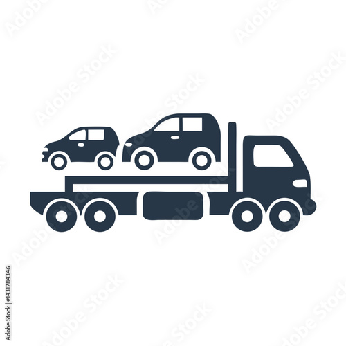 Car Carrier Truck with Two Cars Silhouette Icon on Black Background