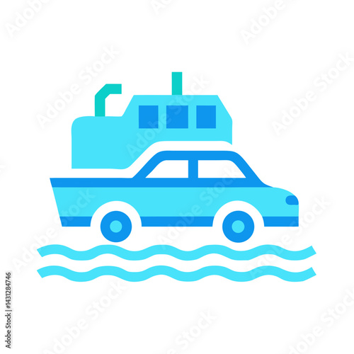 Car Ferry Boat Icon on Water, Isolated on Black Background