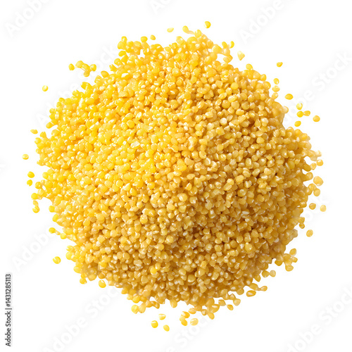 Peeled yellow millet seeds, organic food product isolated on white, clipping --v 7.0
