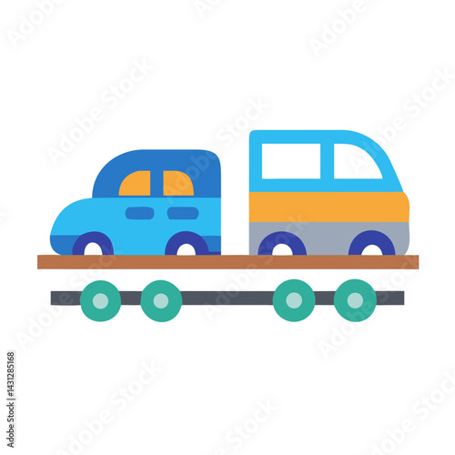 Blue Car and Bus Transportation on a Flatbed Railcar Cartoon Icon