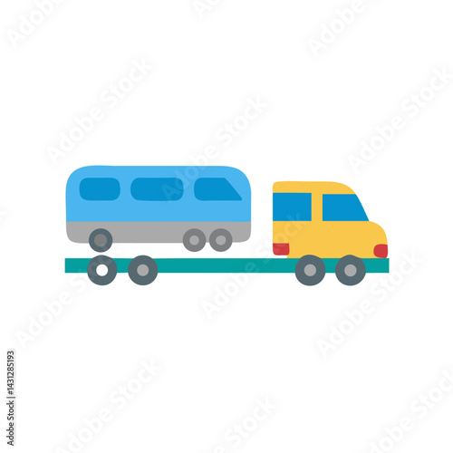 Flat Vector Illustration of a Train Car Being Hauled on a Flatbed Truck