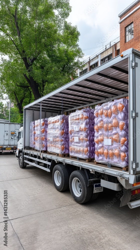 Large bags of colorful carrots are loaded onto a cargo trailer under bright sunlight, showcasing a productive farm scene