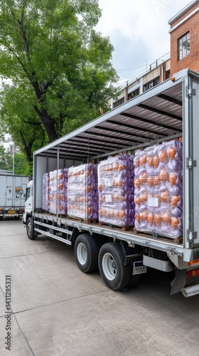 Obraz na płótnie Large bags of colorful carrots are loaded onto a cargo trailer under bright sunlight, showcasing a productive farm scene w salonie