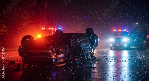 Car crash accident scene with emergency vehicle at night