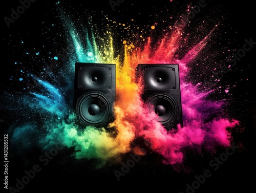 Vibrant audio experience two speakers surrounded by colorful powder explosion on a black background photo