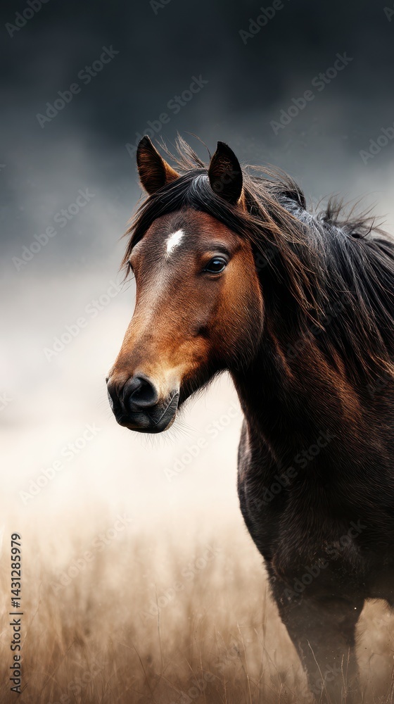 Brown horse with flowing mane stands in a misty field during early morning light Brown horse with flowing mane stands in a misty field during early morning light