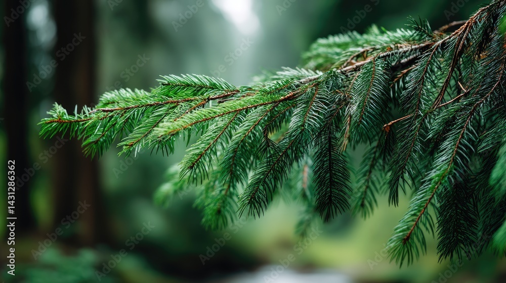 Fluffy evergreen tree branches provide a vibrant green contrast against a dark background, perfect for festive designs and winter themes