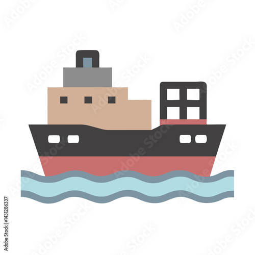 Cartoon Cargo Ship Sailing on Water, Maritime Transport Icon, Flat Design