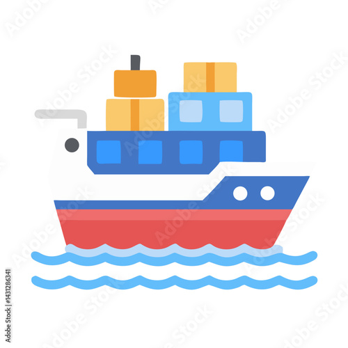Cargo Ship Flat Illustration With Shipping Containers On Ocean Background