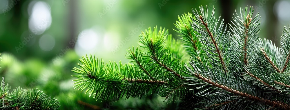 Fluffy evergreen tree branches provide a vibrant green contrast against a dark background, perfect for festive designs and winter themes