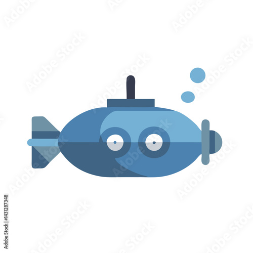 Cute Blue Submarine with Big Eyes on Black Background Illustration