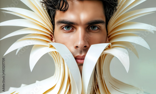 AI generated image of a striking male model with piercing eyes wearing an avant-garde paper collar resembling sculpted folds or flower petals. 