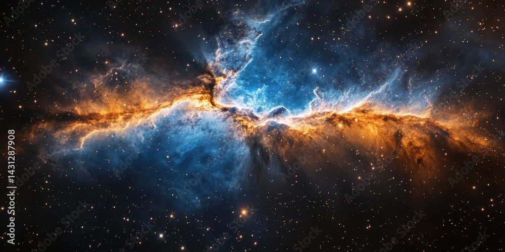 Fototapeta premium Cosmic landscape showcasing vibrant nebula with swirling blue and orange gas in deep space