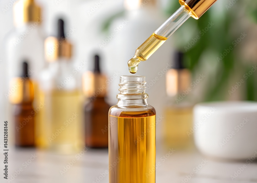 Close-up of dropper with golden oil and blurred cosmetic bottles in background. Pipette with drop of beauty serum. Concept of skincare, cosmetics and natural wellness products Close-up of dropper with golden oil and blurred cosmetic bottles in background. Pipette with drop of beauty serum. Concept of skincare, cosmetics and natural wellness products
