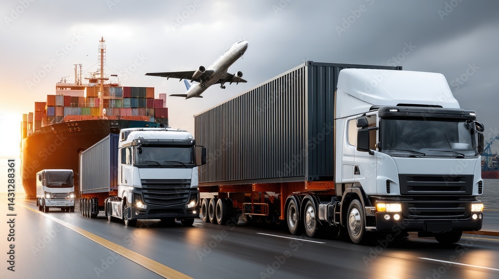 Cargo ship and trucks share the road with an airplane flying above at an industrial port during a vibrant sunset, showcasing logistics