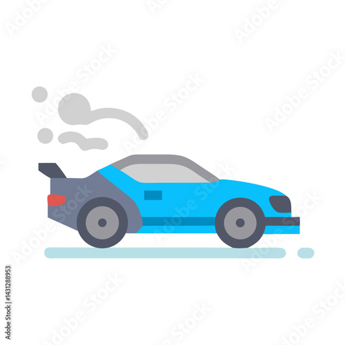 Cartoon Blue Racing Car with Spoiler and Smoke on Black Background