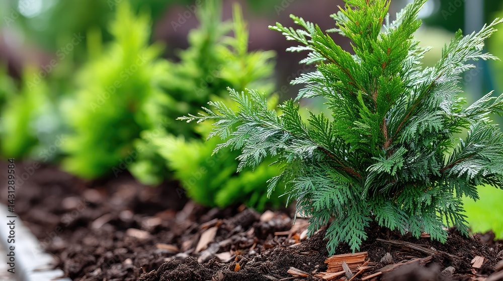Vibrant coniferous trees lined in a garden, enhanced with mulch and a grassy background, creating an appealing backyard landscape