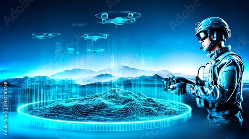 Obraz na płótnie Military forces utilize advanced AI hologram technology for strategic operations and surveillance w salonie