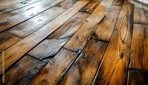 wooden floor damage showing concentric water rings and cupped boards near a bathroom doorway after plumbing failure