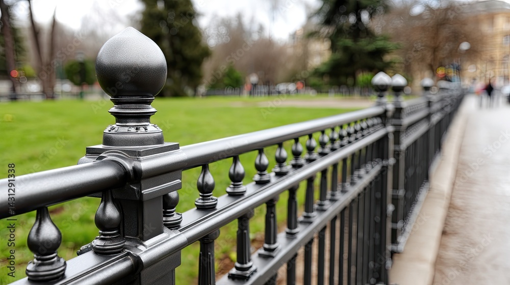 Black metal fence with ornate details lines a green lawn at an industrial park, captured in a side view during springtime