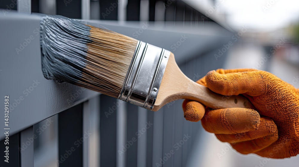 Worker's hand in an orange glove focuses on painting a grey metal fence with a brush outdoors. Bright colors enhance the craftsmanship