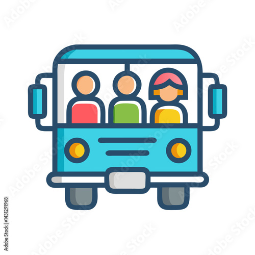 Blue Bus with Passengers Illustration: Transportation, Public Transport, and Travel Icon