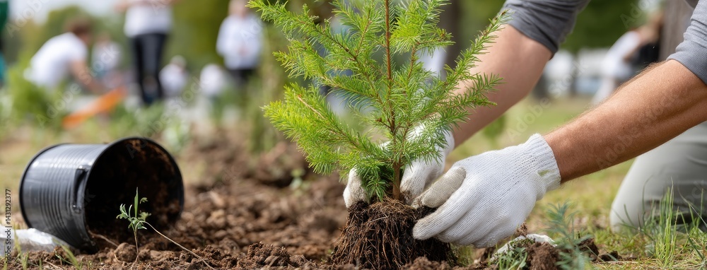 Gardener in gloves plants coniferous trees in a lush garden, holding a black pot with visible roots and preparing the soil for new growth