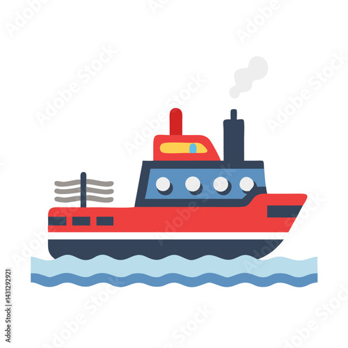 Red cargo ship illustration on the ocean with white smoke