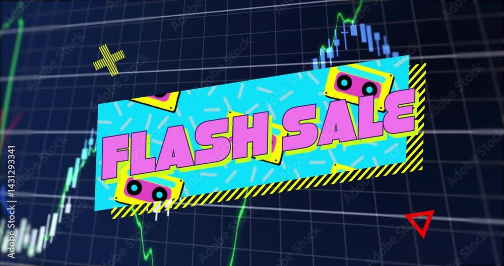Flash Sale banner sliding over stock chart, featuring cassette icons, neon shapes, caution tape