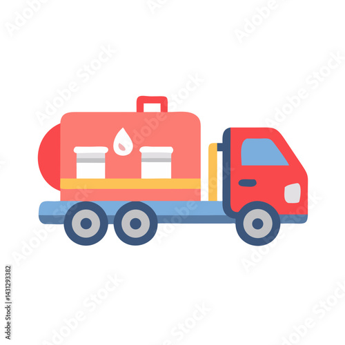 Cartoon Styled Fuel Truck Transporting Liquid, Flat Design Icon on Black