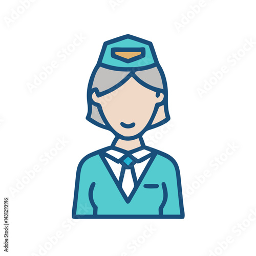 Icon Illustration of a Stewardess in Blue Uniform on Black Background