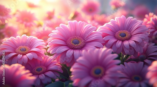 Vibrant pink gerbera daisies bathed in warm sunset light, creating a serene and beautiful floral scene.
