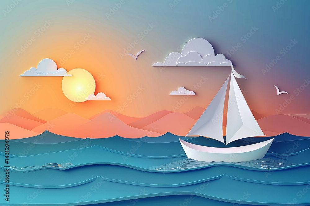 Naklejka premium Papercraft sailboat on a wavy sea at sunset.