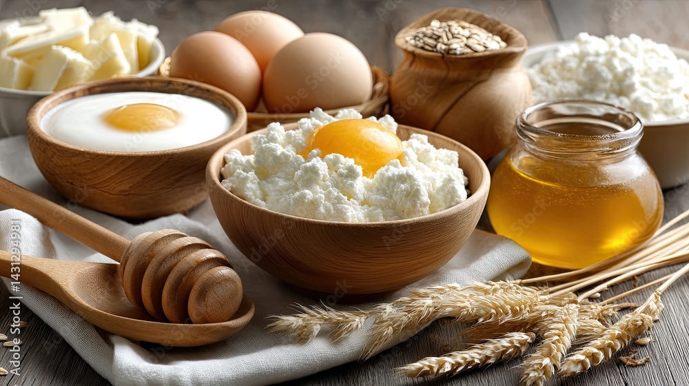 Cottage cheese, eggs, and milk are beautifully arranged on a rustic table with honey and wheat ears, perfect for a festive gathering