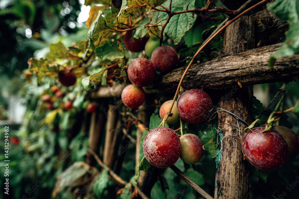 Obraz premium Red apples hanging from a tree in an orchard on a sunny day.