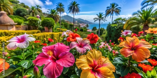 Fototapeta Naklejka Na Ścianę i Meble -  Colorful hibiscus flowers in a tropical botanical garden, Funchal, Madeira , vibrant flowers, tropical garden
