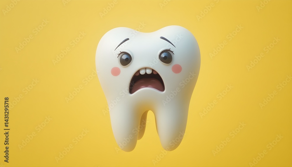 Whimsical close-up of a cartoon tooth with a sad face on yellow background Whimsical close-up of a cartoon tooth with a sad face on yellow background