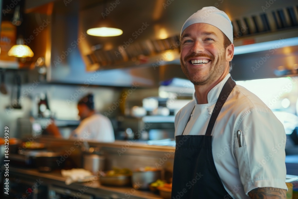 Portrait of smiling American chef in restaurant kitchen Portrait of smiling American chef in restaurant kitchen
