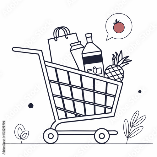 Minimalist Grocery Shopping Cart Illustration With Food Items And Tomato Thought