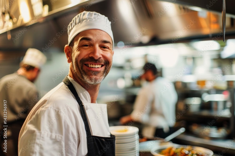 Portrait of smiling American chef in restaurant kitchen Portrait of smiling American chef in restaurant kitchen