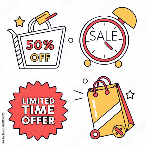 Promotional Sale Elements With Shopping Cart Alarm Clock Limited Time Offer Icons