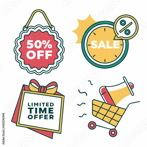 Set Of Colorful Flat Design Sale Icons For Commercial Use