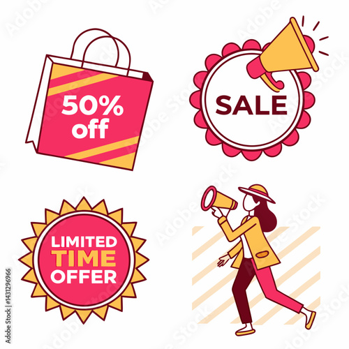 Sale Promotion Vector Art With Woman Shopping Bag And Megaphone Design
