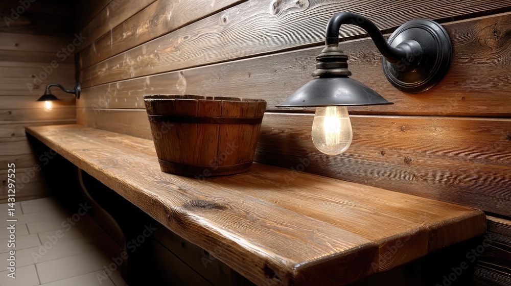 Relax in a cozy wooden banya featuring a natural wood bench, round bucket for water, and warm light for a soothing atmosphere
