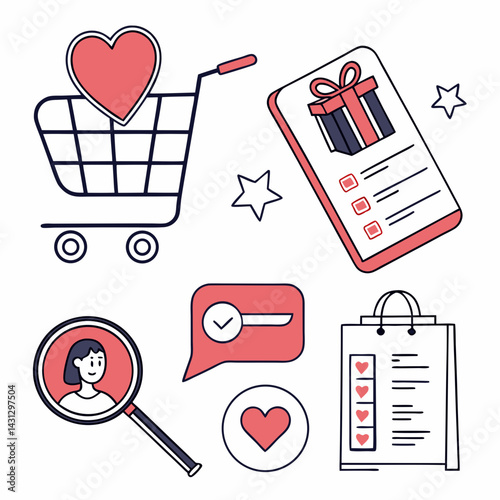 Online Shopping And Customer Loyalty Program Line Art Vector Illustration