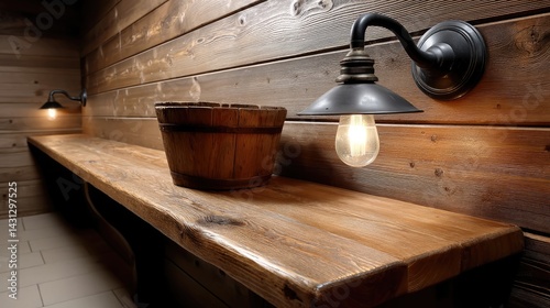 Obraz na płótnie Relax in a cozy wooden banya featuring a natural wood bench, round bucket for water, and warm light for a soothing atmosphere w salonie