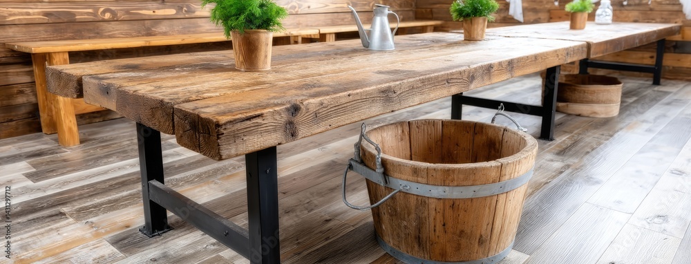 Relax in a cozy wooden banya featuring a natural wood bench, round bucket for water, and warm light for a soothing atmosphere
